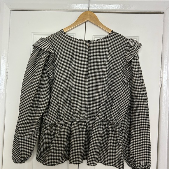 George top UK 16 black beige gingham check plaid frill blouse - Picture 7 of 9